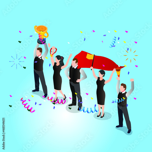 The winning working team 3d isometric vector illustration concept for banner, website, landing page, ads, flyer template