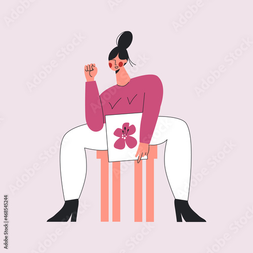 Woman with floral feminine gynecology. Womb wisdom - gynecology and female intimate health concept. Beauty female reproductive system. Woman health, zen and wellness vector illustration