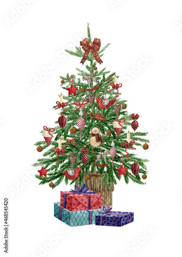 Watercolor illustration: Christmas tree decorated with balls,hand made toys and ornaments. Present boxes and gifts in red , blue colors.Template for the design of posters, cards, invitations