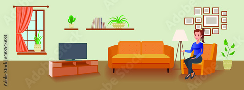 Vector Woman Sitting in the Room, Interior Background, TV set and Sofa, Different Decorations, Home Plants, Colorful Illustration.