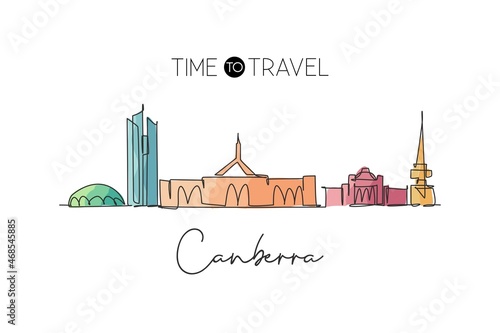 One continuous line drawing of Canberra city skyline, Australia. Beautiful landmark. World landscape tourism travel vacation poster. Editable stylish stroke single line draw design vector illustration