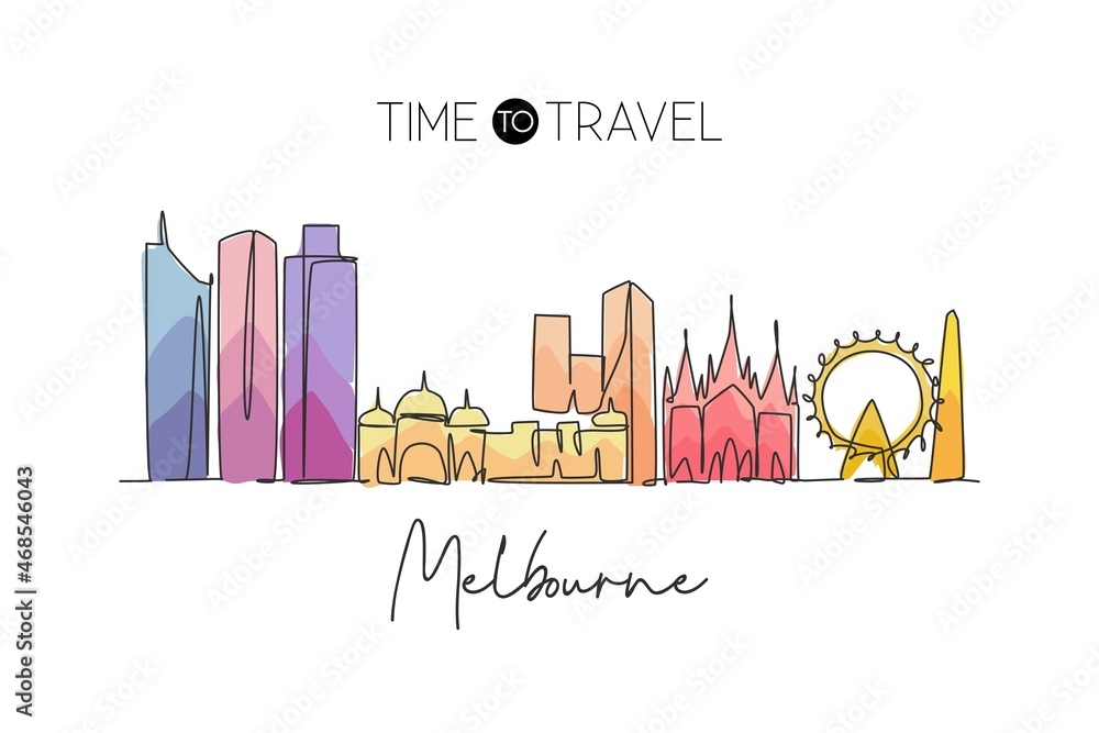 Single continuous line drawing of Melbourne city skyline, Australia. Famous city landscape. World travel concept home wall decor art poster print. Modern one line draw design vector illustration
