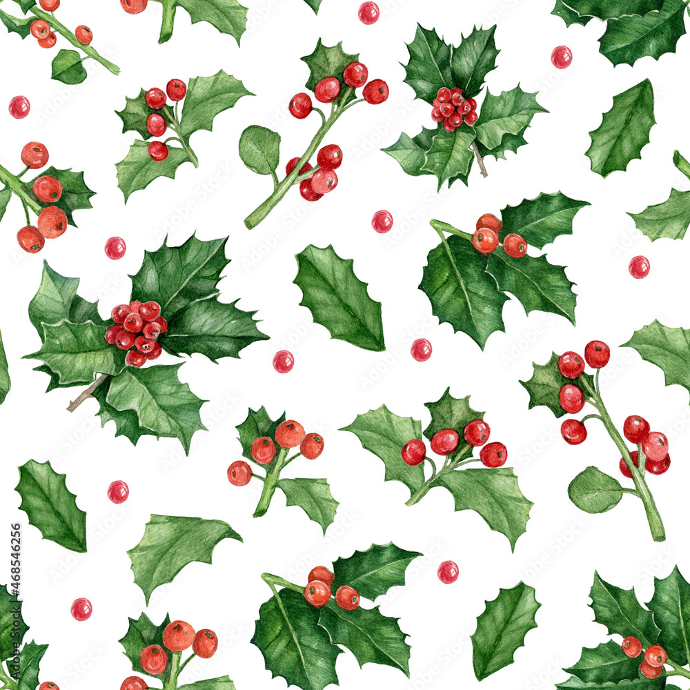 Seamless Christmas pattern with holly leaves and berry watercolor illustration. Elegance wallpaper with holly berry. Seamless Christmas pattern with holly leaves and berry watercolor illustration. Elegance wallpaper with holly berry.