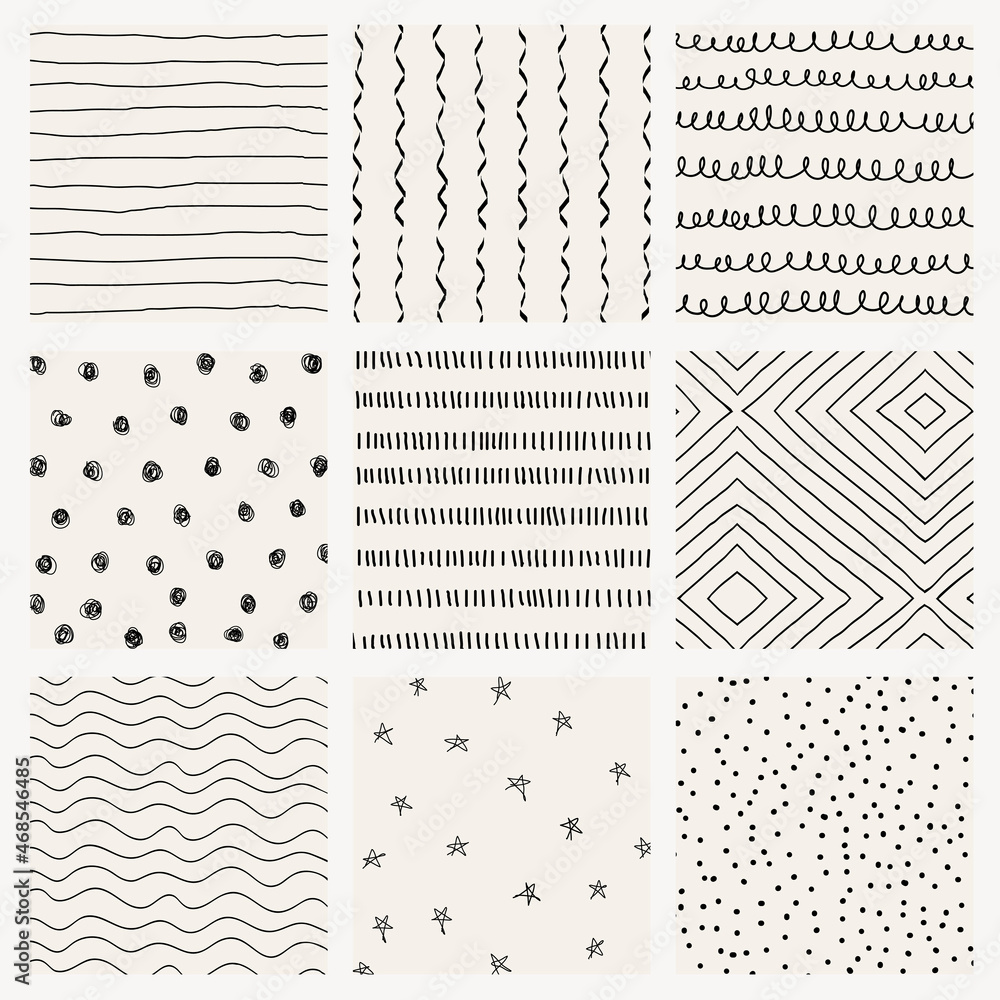 Doodle background, ink pattern design set vector