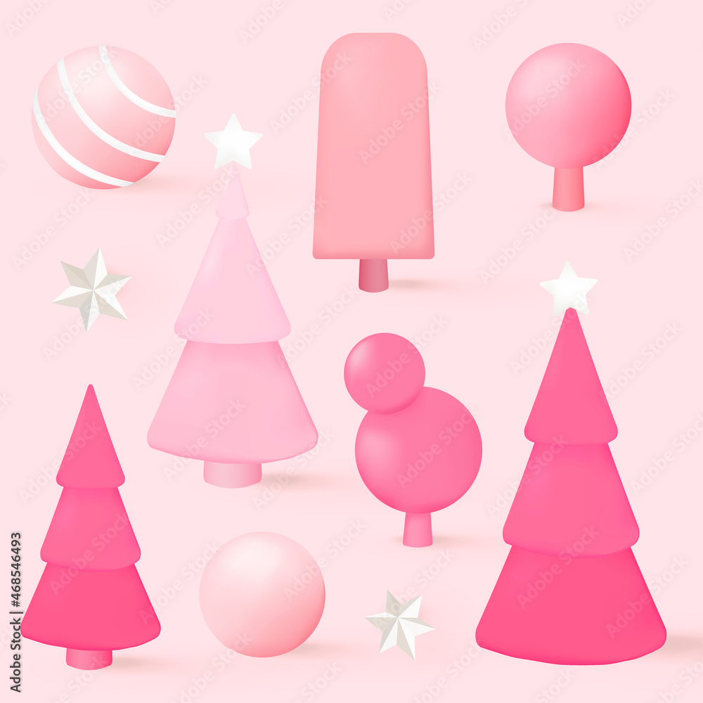 Cute pink Christmas 3D element set vector
