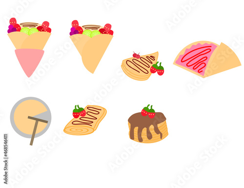 French crepes with strawberries and chocolate.Crapes and pancake.Flat design.Cartoon vector illustration.Sign, symbol, icon or logo for menu and restaurant.Clipart.