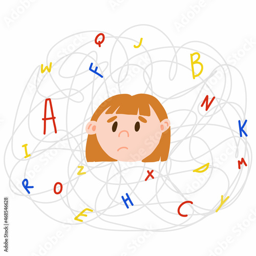 Upset light-skinned child with invisible disease dyslexia. Concept of dyslexic girl in the chaos of letters in cartoon style