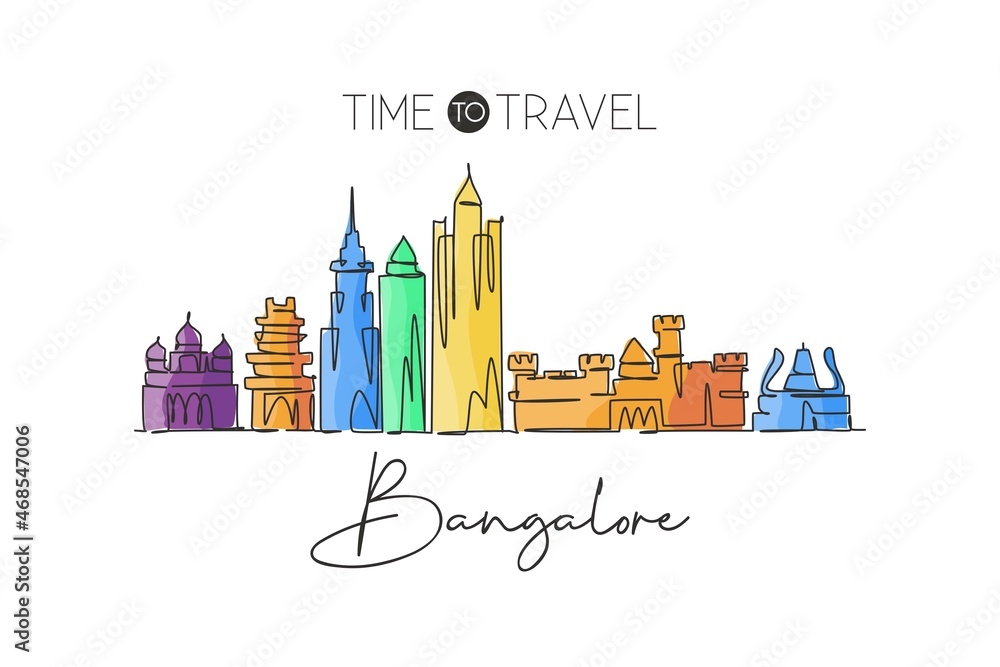 One single line drawing of Bangalore city skyline, India. Historical town landscape in world. Best holiday destination. Editable stroke trendy continuous line draw design vector graphic illustration