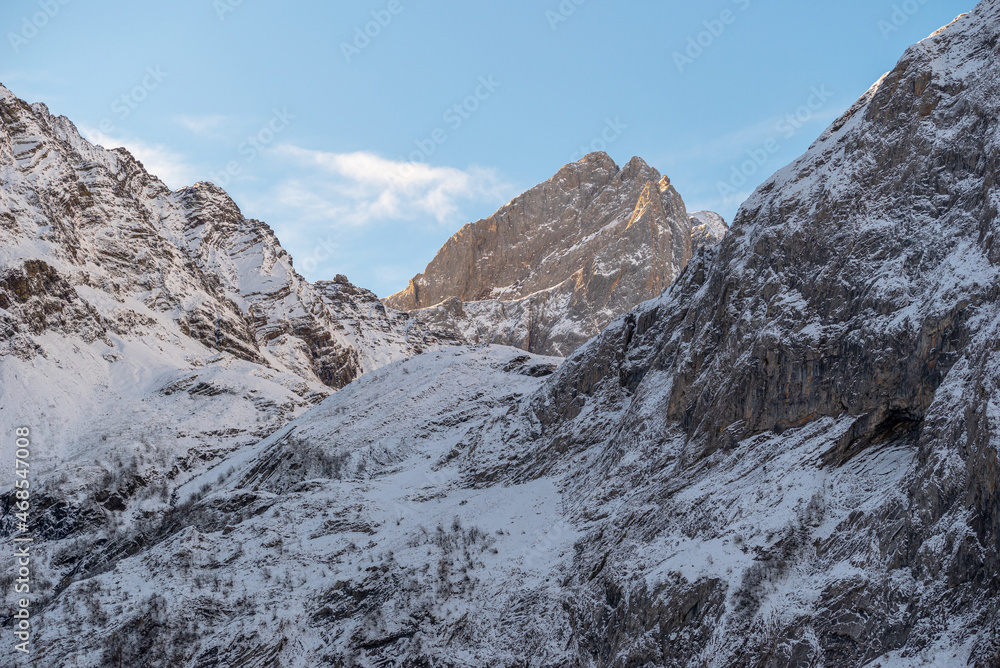 Mountains with the first snow of winter in the Aran valley in December.