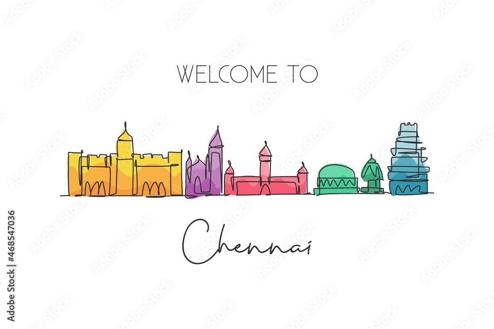 Fototapeta premium Single continuous line drawing of Chennai city skyline, India. Famous city scraper and landscape home decor wall art poster print. World travel concept. Modern one line draw design vector illustration