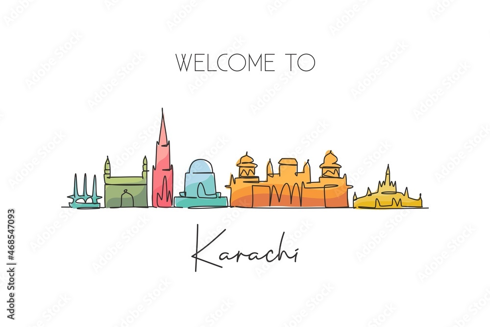 One single line drawing of Karachi city skyline, Pakistan. Historical town landscape in world. Best holiday destination postcard. Editable stroke trendy continuous line draw design vector illustration