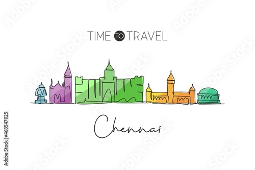 One continuous line drawing of Chennai city skyline, India. Beautiful city landmark print. World landscape tourism travel vacation. Editable stylish single line draw design vector graphic illustration photo
