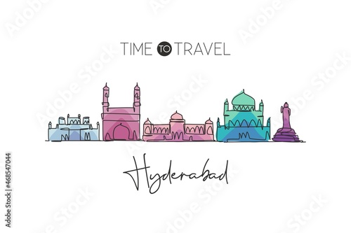 One single line drawingHyderabad city skyline, India. Historical town landscape in the world. Best holiday destination. Editable stroke trendy continuous line draw design graphic vector illustration