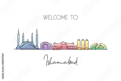 One continuous line drawing of Islamabad city skyline, Pakistan. Beautiful city landmark. World landscape tourism and travel vacation. Editable stylish single line draw design vector art illustration photo
