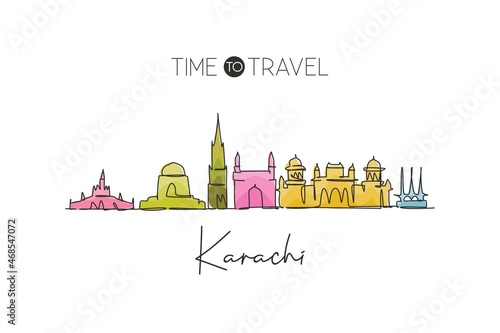 Single continuous line drawing Karachi city skyline, Pakistan. Famous city scraper and landscape home wall decor poster print art. World travel concept. Modern one line draw design vector illustration