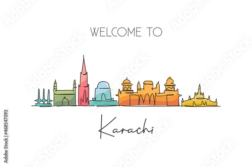 One single line drawing of Karachi city skyline, Pakistan. Historical town landscape in world. Best holiday destination postcard. Editable stroke trendy continuous line draw design vector illustration