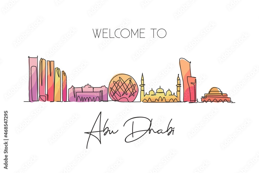 One continuous line drawing of Abu Dhabi city skyline, United Arab
