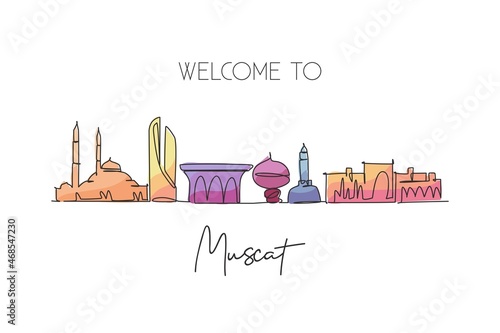 One continuous line drawing of Muscat skyline, Oman. Beautiful city landmark wall decor poster print art. World landscape tourism travel vacation. Stylish single line draw design vector illustration