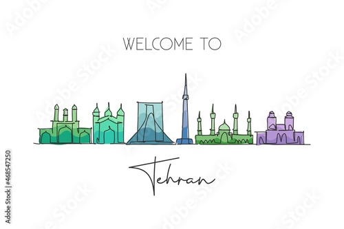 Single continuous line drawing of Tehran city skyline, Iran. Famous city scraper and landscape home wall decor poster art print. World travel concept. Modern one line draw design vector illustration