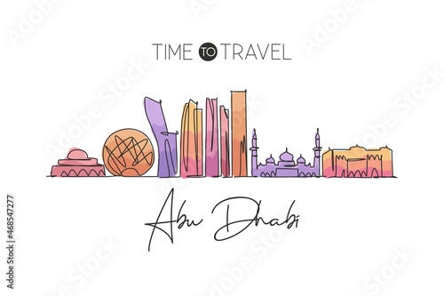 One single line drawing Abu Dhabi city skyline, United Arab Emirates. Historical landscape home decor wall art poster print. Best holiday destination. Continuous line draw design vector illustration