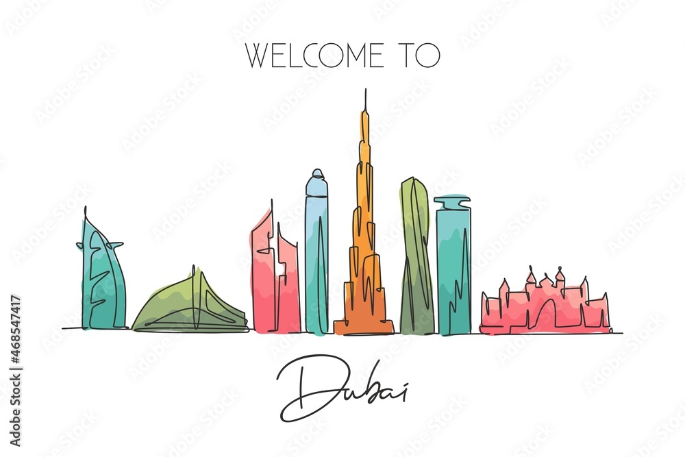 One continuous line drawing of Dubai city skyline United Arab Emirates