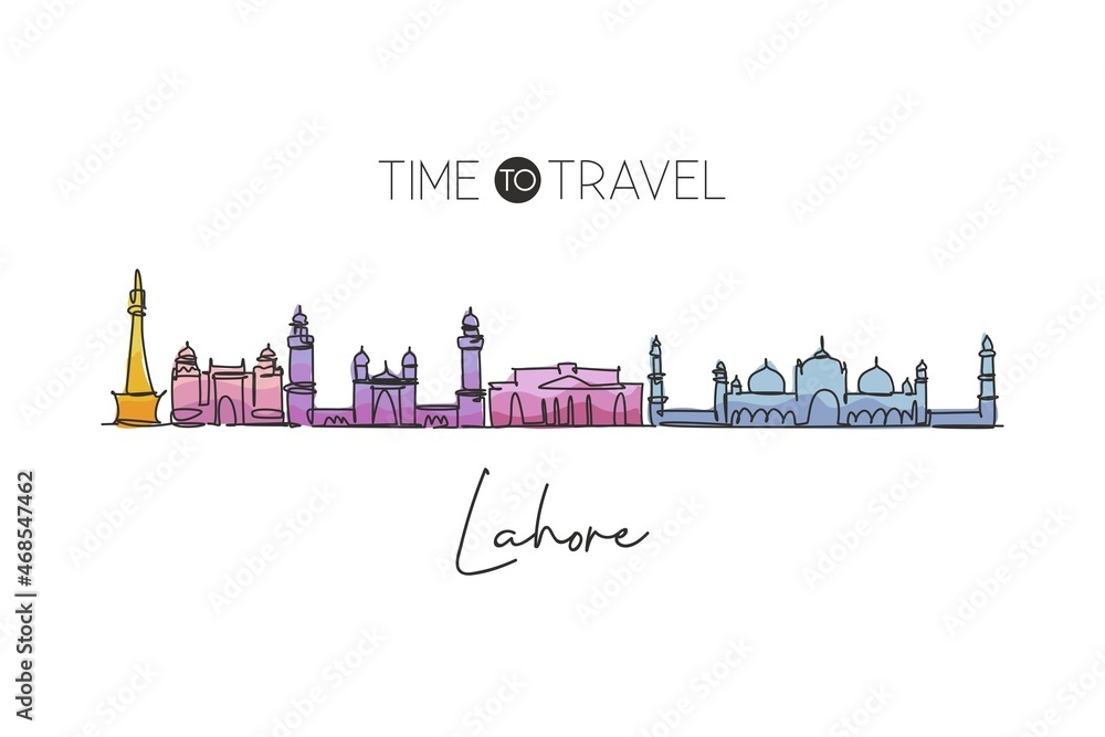Obraz premium One continuous line drawing of Lahore city skyline, Pakistan. Beautiful city landmark. World landscape tourism and travel vacation. Editable stylish stroke single line draw design vector illustration