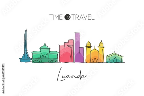 Single continuous line drawing of Luanda city skyline, Angola. Famous city scraper and landscape home wall decor poster art print. World travel concept. Modern one line draw design vector illustration