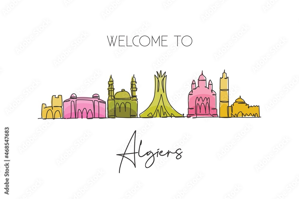 One continuous line drawing of Algiers city skyline, Algeria. Beautiful landmark postcard. World landscape tourism travel vacation. Editable stylish stroke single line draw design vector illustration