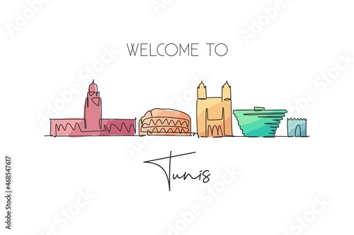 Single continuous line drawing of Tunis city skyline; Tunisia. Famous city scraper and landscape home wall decor print poster art. World travel concept. Modern one line draw design vector illustration