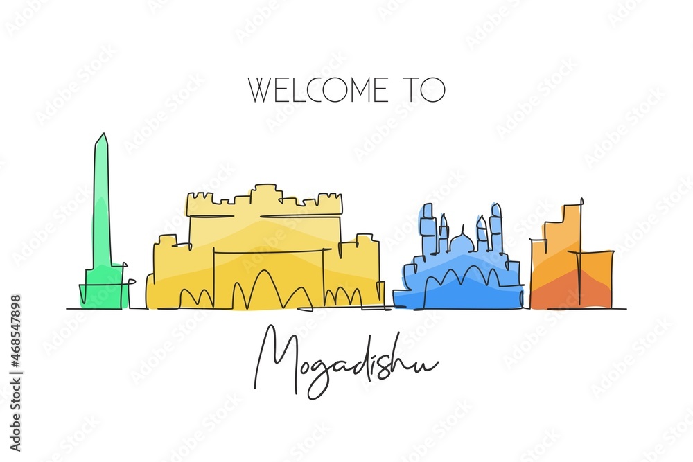 Naklejka premium One single line drawing city Mogadishu skyline, Somalia. Historical place landscape in world. Best holiday destination postcard. Editable stroke trendy continuous line draw design vector illustration