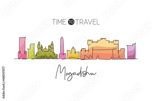 Single continuous line drawing of Mogadishu city skyline, Somalia. Famous city scraper and landscape wall decor poster print art. World travel concept. Modern one line draw design vector illustration
