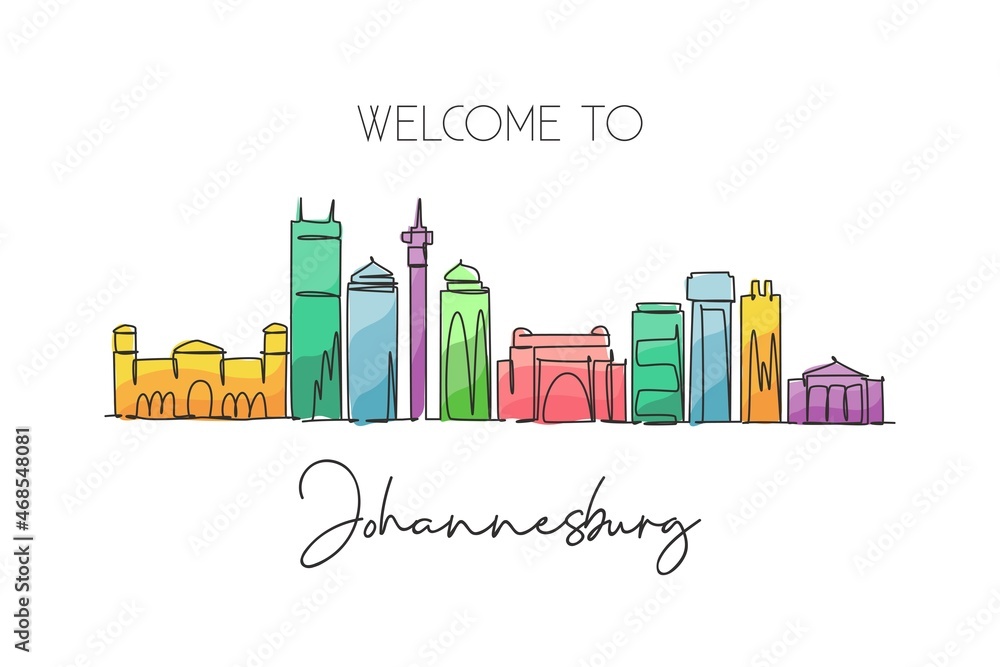 Fototapeta premium One continuous line drawing of Johannesburg city skyline, South Africa. Beautiful landmark wall decor poster print. World landscape tourism travel. Stylish single line draw design vector illustration