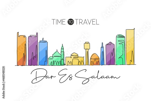 One single line drawing of Dar Es Salaam city skyline, Tanzania. Historical place landscape postcard print. Best holiday destination. Editable stroke Continuous line draw design vector illustration