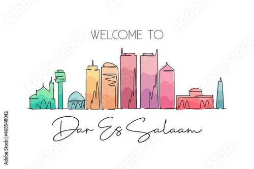 One continuous line drawing of Dar Es Salaam skyline, Tanzania. Beautiful city landmark. World landscape tourism travel wall decor poster print art. Stylish single line draw design vector illustration