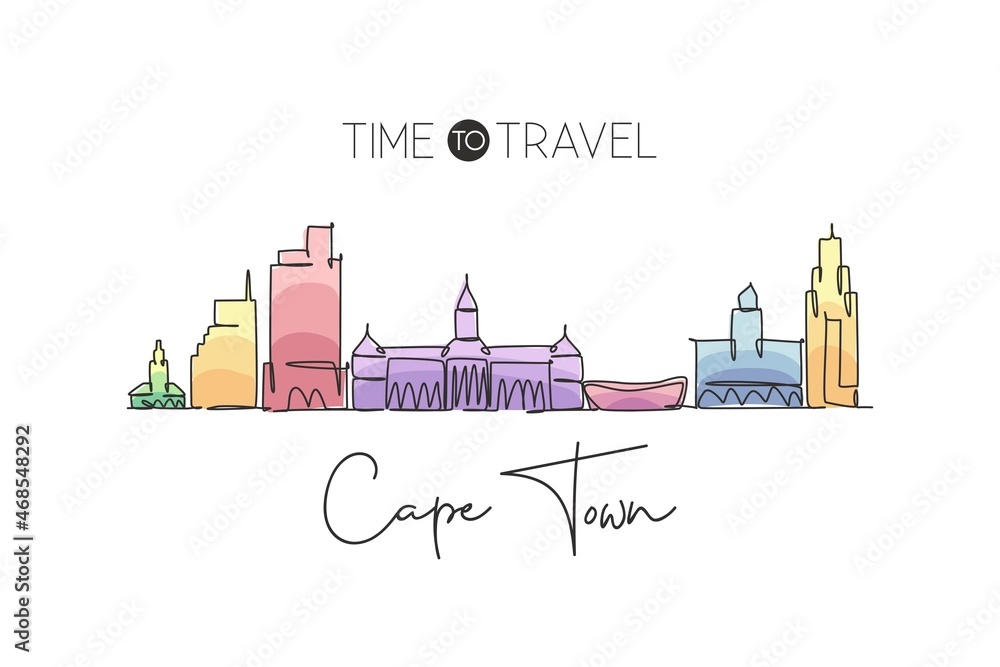 Fototapeta premium One single line drawing of Cape Town city skyline, South Africa. World historical town landscape. Best holiday destination postcard print art. Trendy continuous line draw design vector illustration