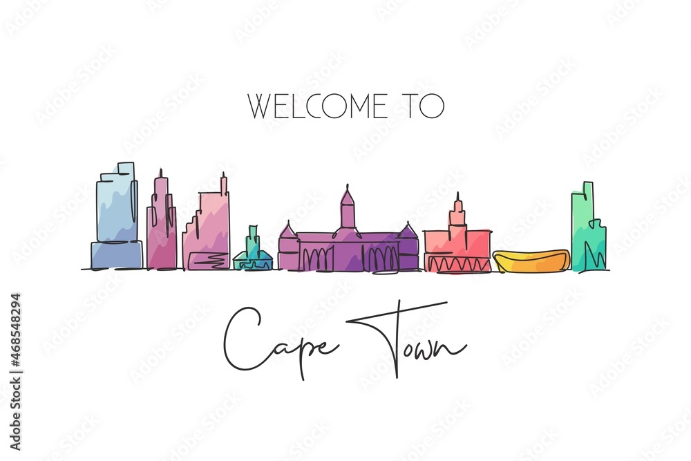 Fototapeta premium Single continuous line drawing of Cape Town skyline, South Africa. Famous city scraper landscape. World travel concept home wall decor poster print art. Modern one line draw design vector illustration