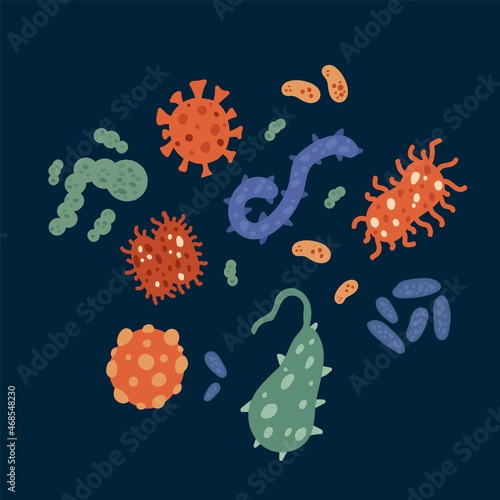 A set of viruses and bacteria. Cartoon icons for medicine Crown Stop. A bundle of pathogenic bacteria, microorganisms, bacilli, viruses. Icons of microbes under the microscope. Vector illustration