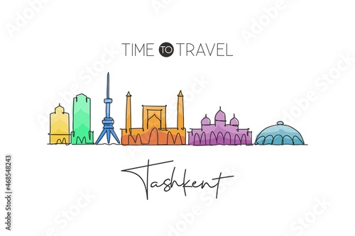 One single line drawing of Tashkent city skyline, Uzbekistan. World historical town landscape. Best holiday destination postcard. Editable stroke trendy continuous line draw design vector illustration