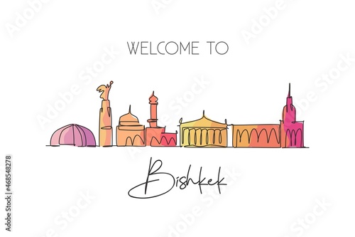 One continuous line drawing of Bishkek city skyline, Kyrgyzstan. Beautiful landmark. World landscape tourism and travel vacation. Editable stylish stroke single line draw design vector illustration