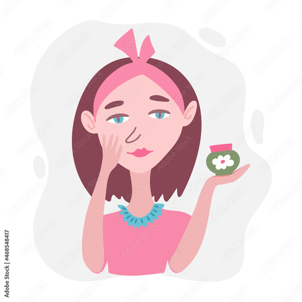 Hand drawn female character applies a cosmetic cream from a jar. Korean cosmetics beauty skin care concept. Vector cartoon illustration Hand drawn female character applies a cosmetic cream from a jar. Korean cosmetics beauty skin care concept. Vector cartoon illustration