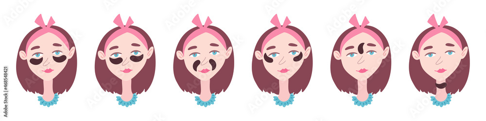 Using cosmetic eye patches. Options for using hydrogel patches. Korean cosmetics beauty concept. Vector illustration with female character, in hand drawn style Using cosmetic eye patches. Options for using hydrogel patches. Korean cosmetics beauty concept. Vector illustration with female character, in hand drawn style