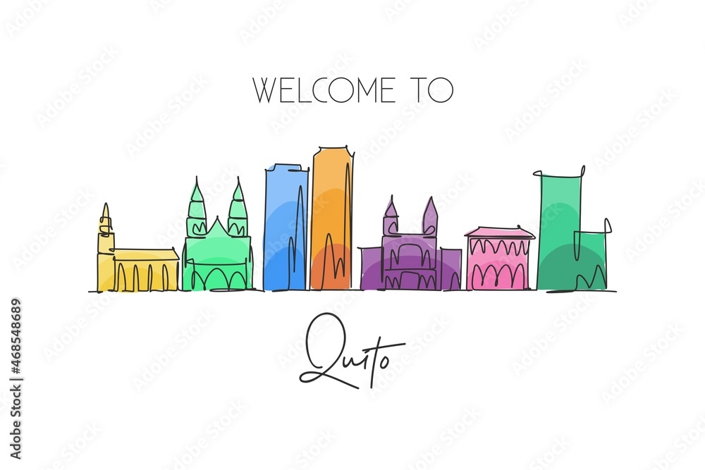 One single line drawing of Quito city skyline, Ecuador. World historical town landscape. Best holiday place destination postcard. Editable stroke trendy continuous line draw design vector illustration