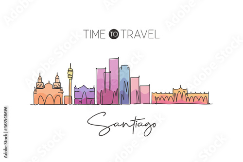 One continuous line drawing Santiago city skyline, Chile. Beautiful landmark. World landscape tourism and travel vacation postcard. Editable stylish stroke single line draw design vector illustration
