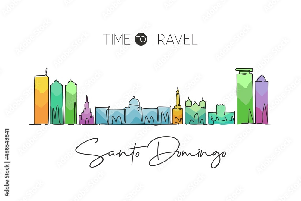 Single continuous line drawing of Santo Domingo city skyline Dominican. Famous city scraper landscape. World travel destination concept. Editable stroke modern one line draw design vector illustration Single continuous line drawing of Santo Domingo city skyline Dominican. Famous city scraper landscape. World travel destination concept. Editable stroke modern one line draw design vector illustration