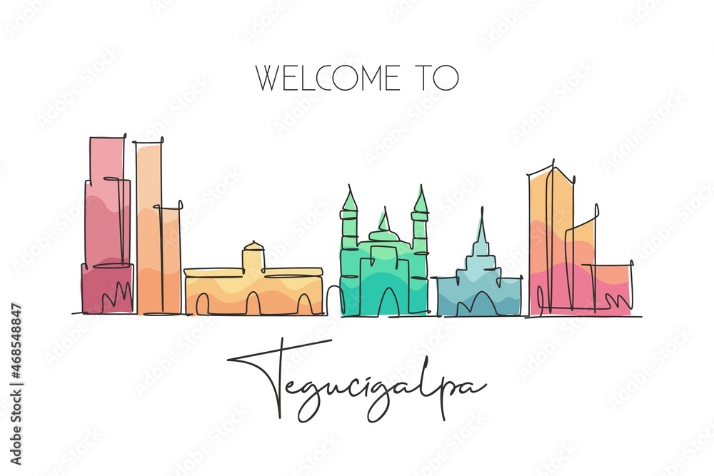 Single continuous line drawing Tegucigalpa skyline, Honduras. Famous city scraper landscape postcard. World travel destination concept. Editable stroke modern one line draw design vector illustration