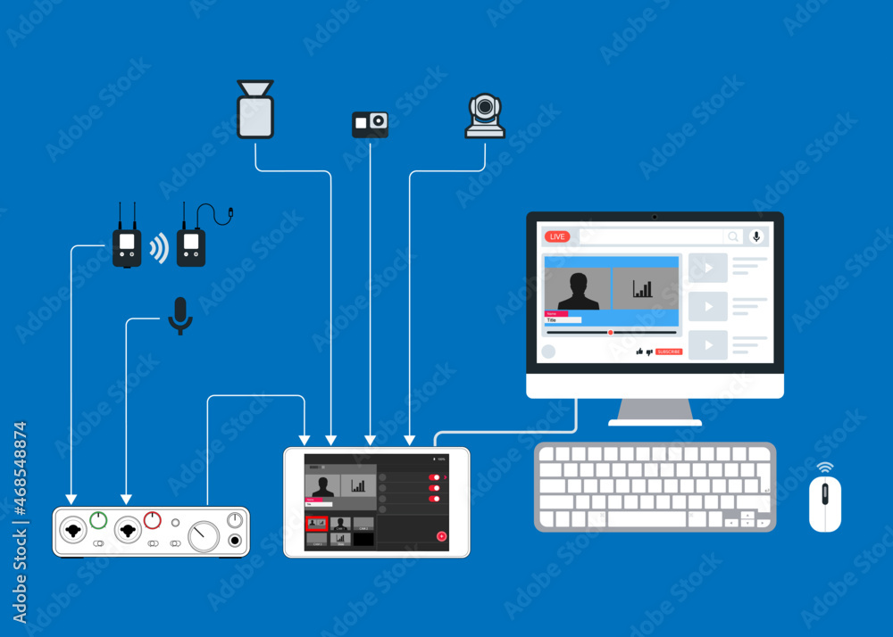 Multi Camera for Live Streaming . Mini Switcher hdmi camera. Profesional Broadcast Diagram Vector. Multi Camera for Live Streaming . Mini Switcher hdmi camera. Profesional Broadcast Diagram Vector.