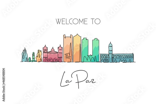 Single continuous line drawing of La Paz city skyline, Bolivia. Famous city scraper and landscape. World travel destination concept. Editable stroke modern one line draw design vector art illustration