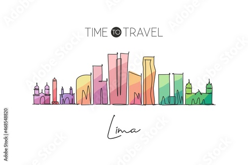 One continuous line drawing of Lima city skyline, Peru. Beautiful landmark postcard. World landscape tourism and travel vacation. Editable stylish stroke single line draw design vector illustration