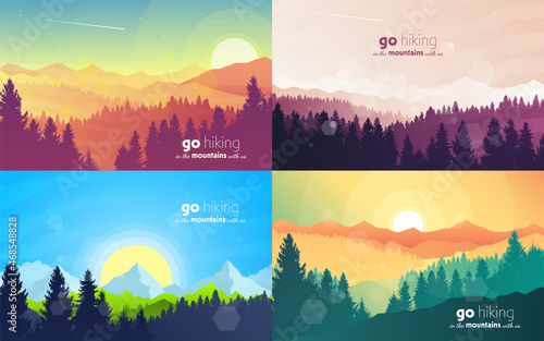 Vector landscape set, sunrise scene in nature with mountains and forest, silhouettes of trees. Hiking tourism. Adventure. Minimalist graphic flyer. Polygonal flat design for coupon, voucher, gift card