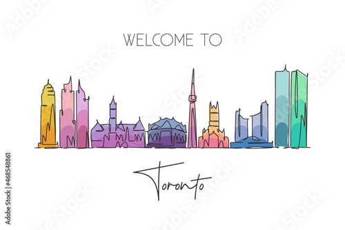 One continuous line drawing of Toronto city skyline, Canada. Beautiful landmark postcard. World landscape tourism travel vacation. Editable stylish stroke single line draw design vector illustration